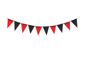 Black and red triangular flags creating a festive bunting for a party, celebration, or event, presented on a transparent background