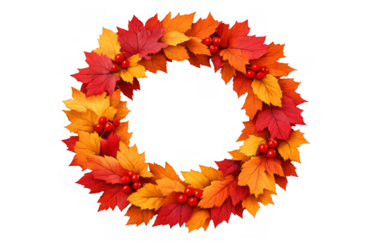 Autumn wreath with colorful maple leaves and red berries, fall season decoration, transparent background - Powered by Adobe