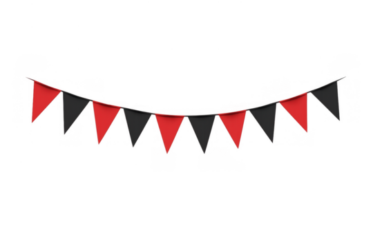 Black and red triangular flags creating a festive bunting for a party, celebration, or event, presented on a transparent background - Powered by Adobe