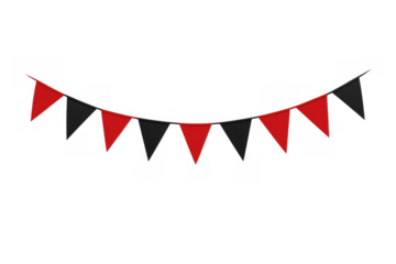 Bunting garland arranging red and black triangle flags for celebrations, party decoration on transparency