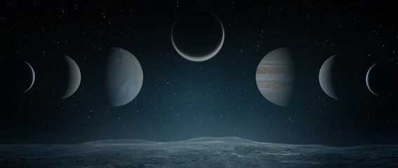 Fantasy space collage depicting celestial planets and moons aligned, inspired by astrology, zodiac symbolism, mysticism.  Elements of this image furnished by NASA.