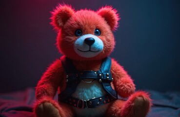 Red plush teddy bear wears black leather harness with metal studs. Soft toy sits in dark room lit by red and blue neon glow. Item is object of adult play.