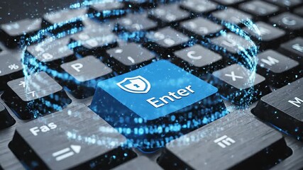 A closeup view of a glowing blue Enter key on a computer keyboard featuring a prominent shield and lock icon surrounded by dynamic digital data streams and particles symbolizing robust cybersecurity . - Powered by Adobe