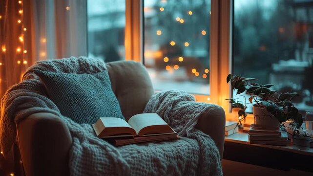 Warm cozy armchair with knitted blanket and open book by window illuminated by golden fairy lights, creating relaxing hygge atmosphere for reading and comfort during cold winter evenings at home.
