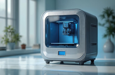 Compact 3D printer unit operates on clean desk. Modern appliance with glowing blue interior. Future tech innovation for home or industry production. Digital fabrication device.