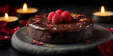 Glossy chocolate tart with raspberries and dried petals rests on dark plate with gold dust, red velvet cloth and candles glowing behind.