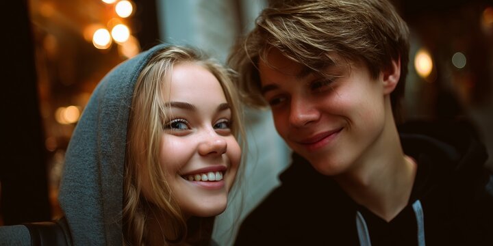 A teenage girl and boy on a first date together. Their Valentine moment feels tender and uncertain.