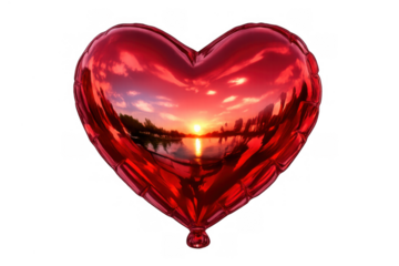 Red heart balloon reflecting a romantic sunset over water, symbolizing love, passion, and valentine's day