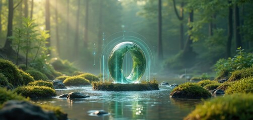 Futuristic glowing torus floats in forest stream. Digital data streams surround ecological data sphere. Green nature meets advanced tech concept.