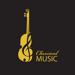 gold violin with treble clef isolated on black background