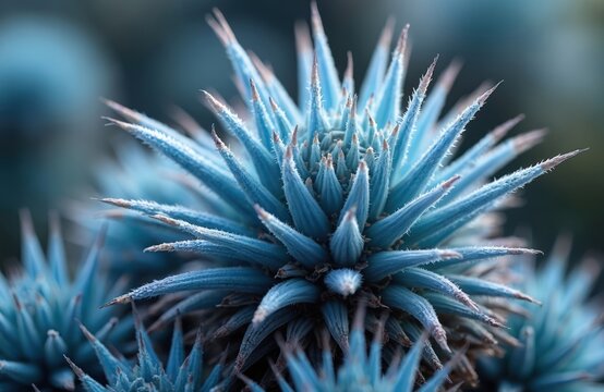 Close-up of eryngo flower with spiky blue petals. Plant grows in grassy field with soft focus background. Thistle bloom shows detailed texture and sharp points in nature.