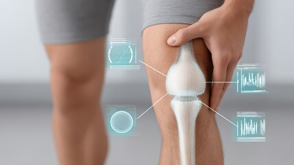 Male athlete examining knee joint with digital health indicators, showcasing advanced technology in sports medicine and injury prevention techniques