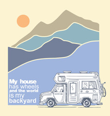 Illustration of a composition featuring a trailer, mountain range, and text alluding to an adventure trip.