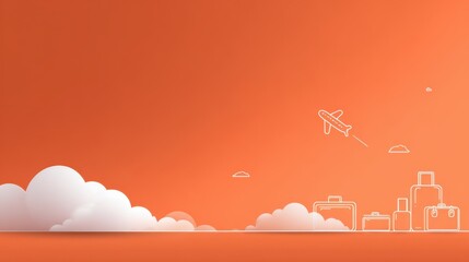 Minimalist travel illustration featuring an airplane flying above luggage and clouds, with vibrant orange background and ample copy space for text