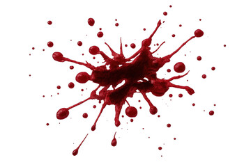 Red blood splatter creating a dynamic splash and dripping effect on a transparent background illustrating violence