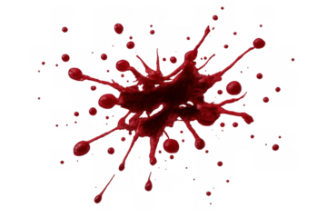 Red blood splatter creating a dynamic splash and dripping effect on a transparent background illustrating violence