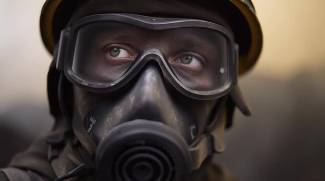 Person wearing a fire mask covered in black soot