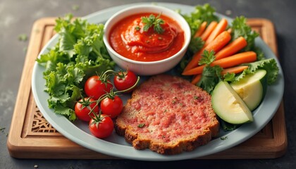 A balanced meal plate features a slice of meatloaf, fresh lettuce, cherry tomatoes, baby carrots, a dollop of tomato sauce, and slices. This wholesome dish promotes a healthy diet.