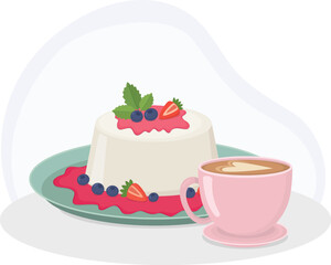 Still life illustration with berry panna cotta on blue plate and pink cup of cappuccino. Illustration with dessert and coffee © Olga Dykun