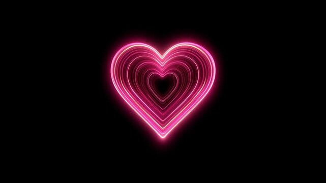 Valentine&rsquo;s Day neon hearts on a dark background in a looping animation, featuring shiny, glowing lights and a romantic love theme.