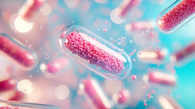 Transparent medical capsule filled with pink micro granules floating in soft light, symbolizing pharmacy innovation, biotechnology, health science, and futuristic medicine development.