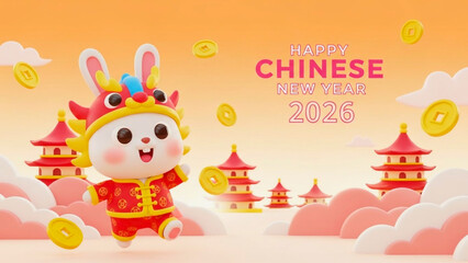 Happy Chinese New Year 2026 background with cute rabbit and traditional buildings