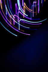 A long exposure photograph. Light painting photography, vibrant fairy lights against a black background
