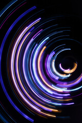 A long exposure photograph. Light painting photography, vibrant fairy lights against a black background