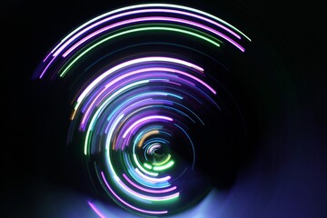 A long exposure photograph. Light painting photography, vibrant fairy lights against a black background
