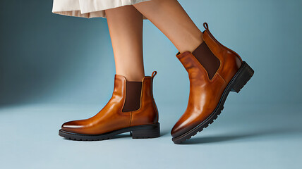 Brown leather Chelsea boots with polished finish and elastic panels worn with cream skirt against light blue background