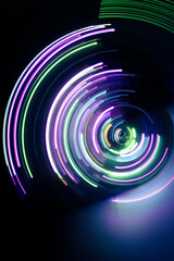 A long exposure photograph. Light painting photography, vibrant fairy lights against a black background