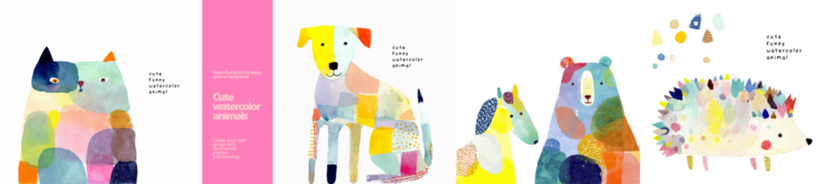 Whimsical collection of funny watercolor animal illustrations: cat, dog, bear, horse, and hedgehog. Features abstract, and playful designs for kids' art, nursery decor, and creative projects.