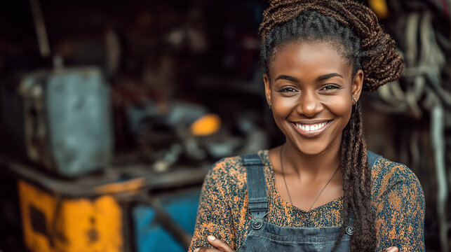 Confident Young Woman of African Descent with Braided Hair in Colorful Workshop Setting - Expressive Smile and Entrepreneurial Spirit