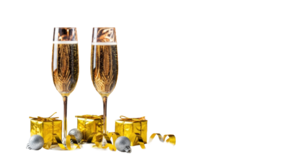 Slender elegant crystal champagne flutes with sparkling golden champagne, gift boxes, baubles, ribbon on white surface, fiery golden fireworks bokeh, New Year celebration atmosphere