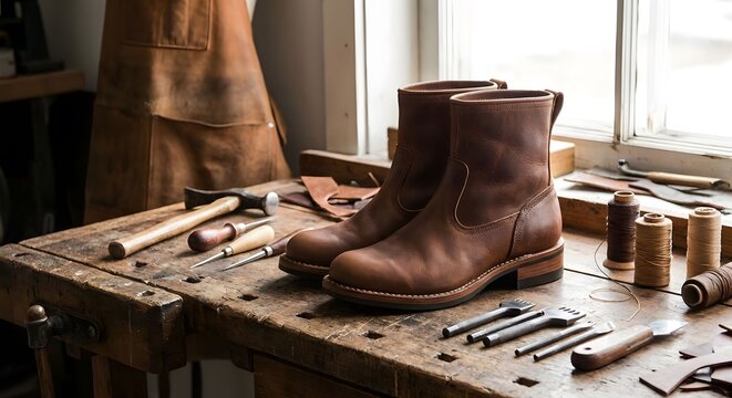 Handcrafted Leather Boots in a Workshop - Powered by Adobe