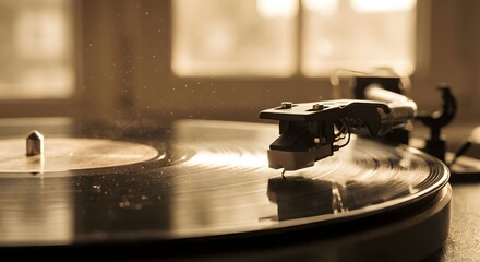 Obraz premium Close-up of a vintage vinyl record player with warm lighting and dust particles visible, evoking nostalgia and the love for analog music.
