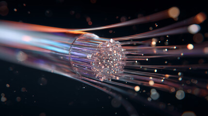 Light Pulses Racing Through Transparent Fiber Optics, Close-Up View