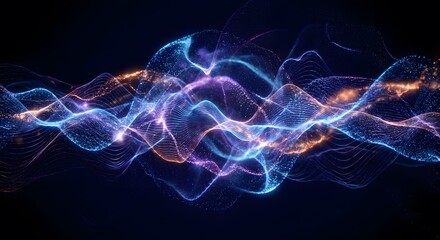 Abstract flowing lines and shimmering particles on a dark background, representing digital data, sound waves, or energy flow in blue, purple, and orange hues.