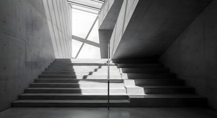 Fototapeta premium Architectural concrete stairs with strong light and shadow plays, creating a dramatic, minimalist, and brutalist aesthetic.