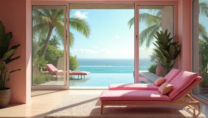 Pink lounge chairs set by infinity pool overlooking blue ocean. Tropical palms frame bright sunny day scene. Minimalist modern interior with comfort relaxation vibes.
