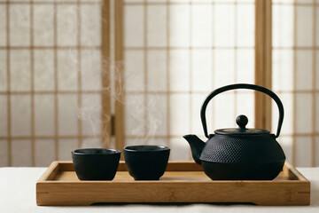 Traditional cast iron teapot and tea cups with steam