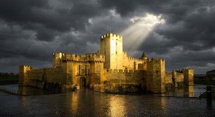 Golden Castle Under Sun Rays and Stormy Sky