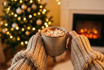 Woman's hands in knitted sweater holding a warm mug