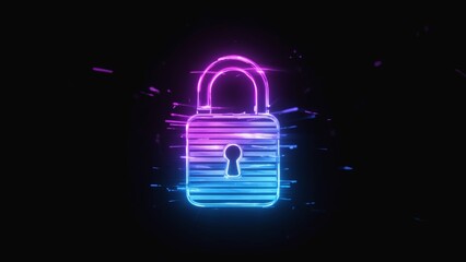 Neon glowing padlock icon in vibrant pink and blue light on dark background, cyber security, data encryption, digital protection, futuristic privacy technology and virtual network safety illustration
