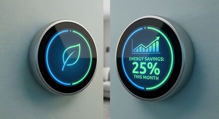 Smart thermostat showing energy savings and eco-friendly leaf symbol, highlighting smart home technology for sustainable living and cost reduction
