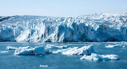 Massive glacial ice wall and icebergs floating in the ocean under a clear sky, showcasing the Arctic's stark and beautiful winter landscape.