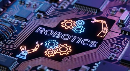 Robotics text with gears and robotic arms on a glowing circuit board, concept image for automation and artificial intelligence