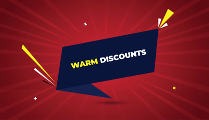 Warm Discounts web banner vector art template design badge icon label deep blue shapes white yellow bold text dark red light sun shine abstract business background bright warm discount banner art desi