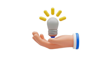3D Hand Holding a Bright Idea Light Bulb