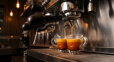 Freshly brewed espresso pouring into two glass cups from a professional coffee machine in a cafe